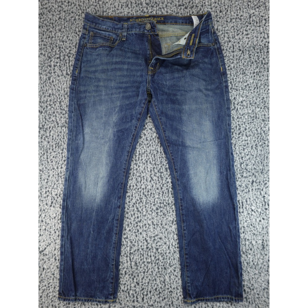 American Eagle Slim Straight Jeans Mens 36x32 Blue Denim Faded Whiskering Casual